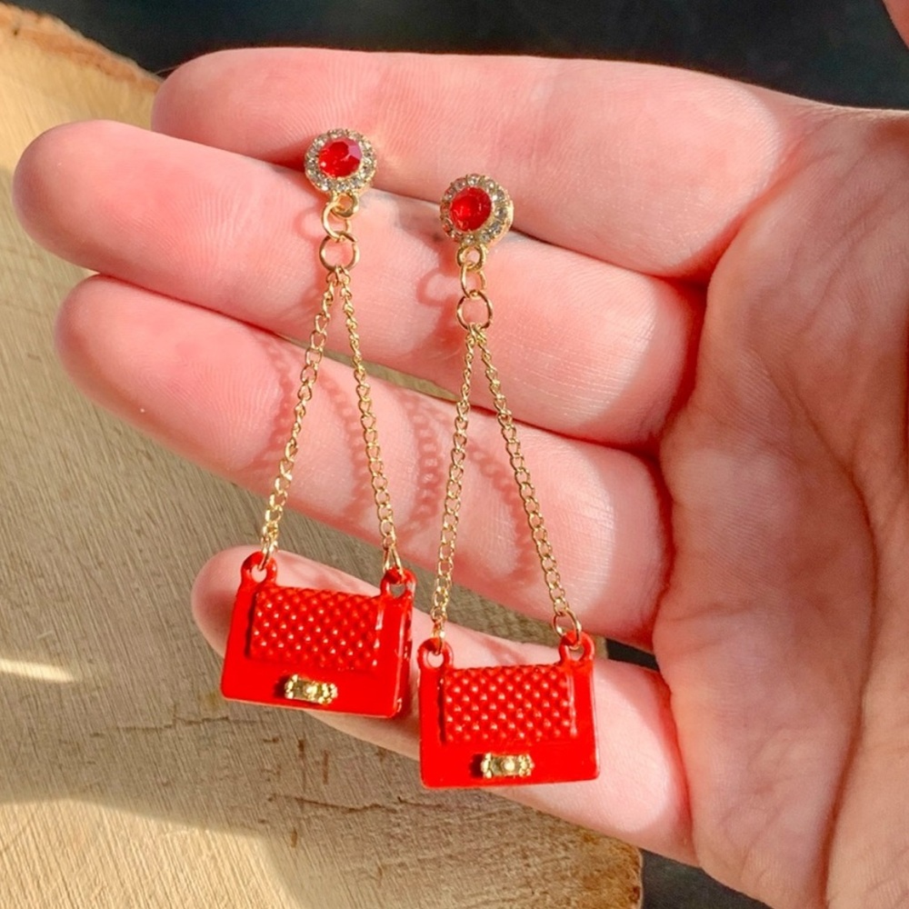 Crimson Red Luxury Clutch Purse Chic Drop CZ Gemstone Cute Earrings - Picture 5 of 5